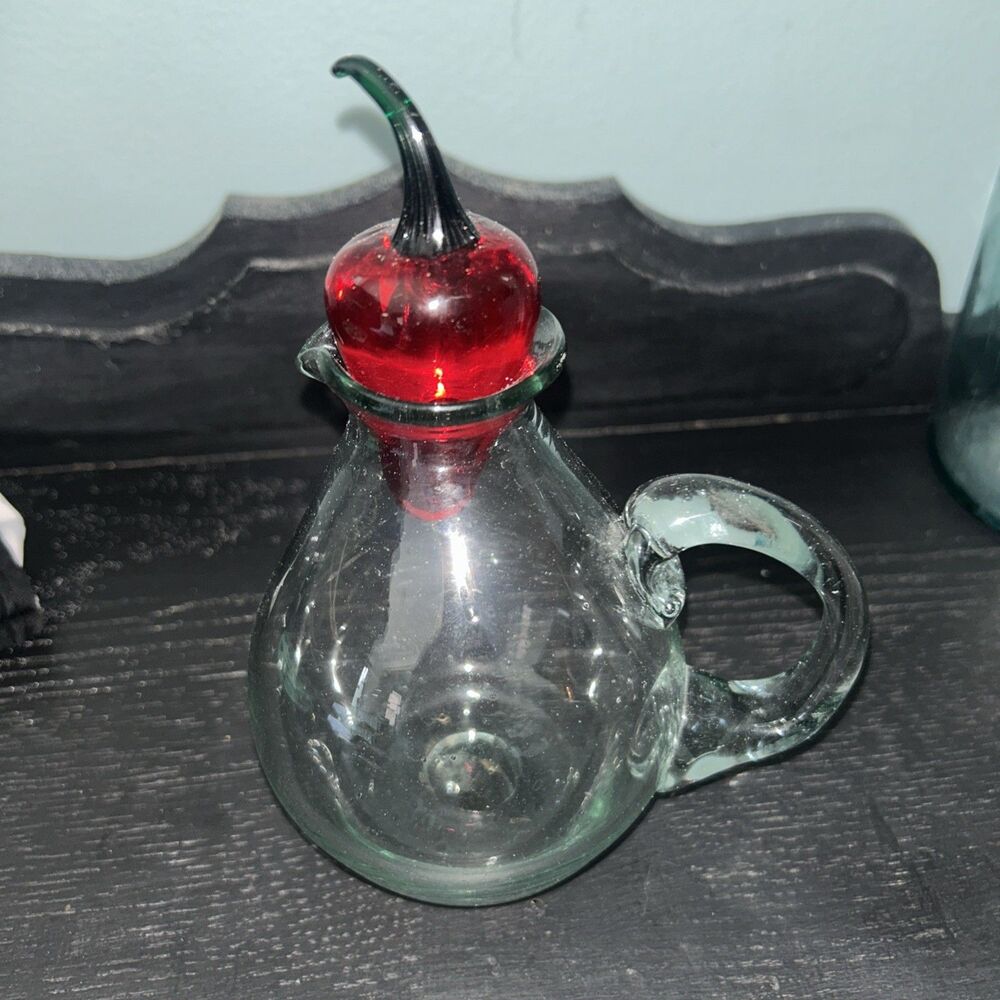 Hand Blown Pitcher w/Blown Glass Chili Pepper Stopper